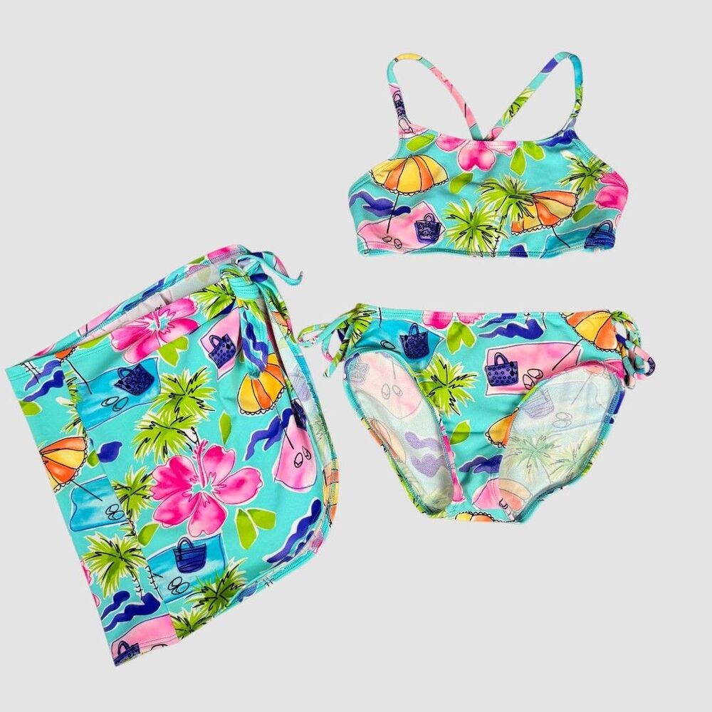 Flapdoodles Tropical Print Bikini Set with Cover Up Skirt Girls Size 6 Swimwear